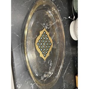 Culver Valencia Oval Pyrex Platter Dish  22 K Gold Green Diamond  18" x 10 1/2"